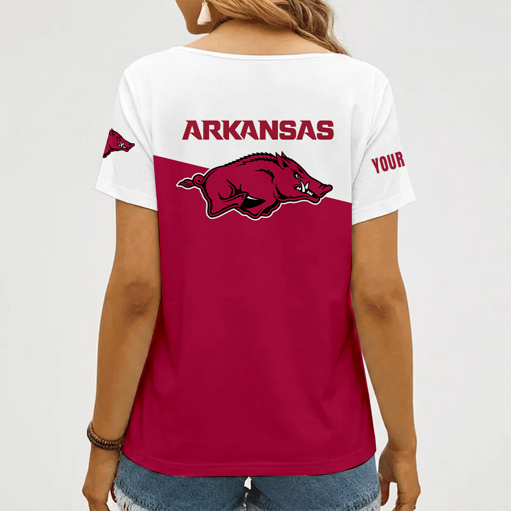 [FAN FAVORITE] NEW CUSTOMIZED NCAA MAM06 AKR ARKANSAS RAZORBACKS STRAPPY V-NECK FEMALE SHIRT