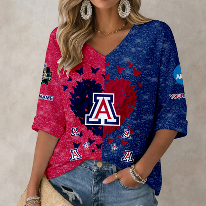 LIMITED EDITION - NEW CUSTOMIZED NCAA CWS06 ARW ARIZONA WILDCATS WOMEN'S HEART V-NECK LONG SLEEVE SHIRT
