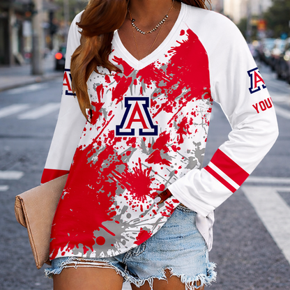 [FAN FAVORITE] NEW CUSTOMIZED NCAA CWS06 ARW ARIZONA WILDCATS WOMEN'S V-NECK LONG SLEEVED SHIRT