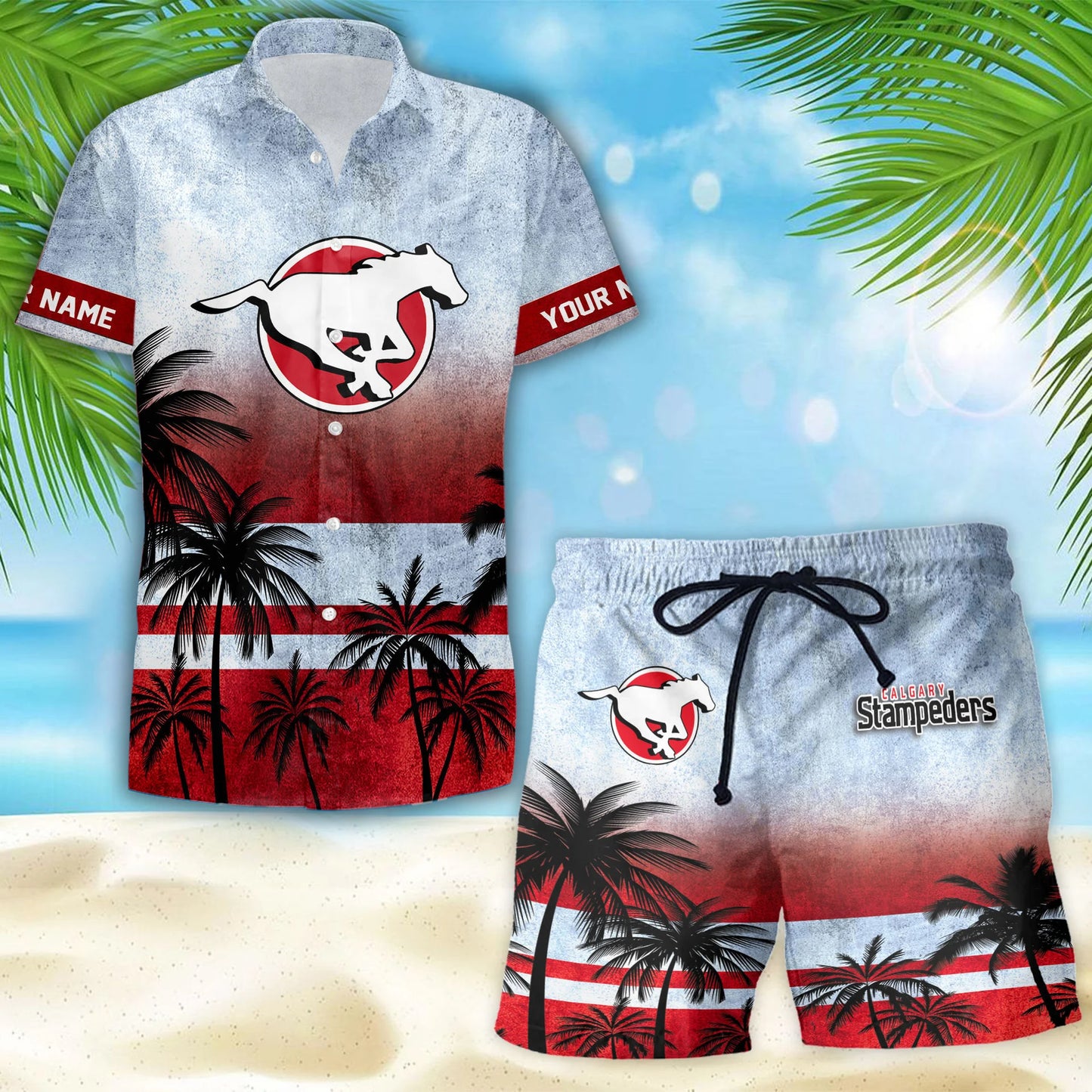 [FAN EXCLUSIVE] NEW CUSTOMIZED CFL06 CGY CALGARY STAMPEDERS HAWAIIAN SHIRT & SHORTS SET