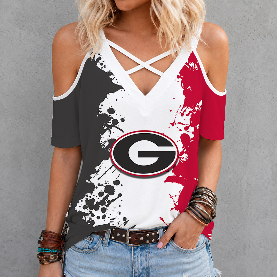[FAN FAVORITE] NEW CUSTOMIZED NCAA FBS06 GEB GEORGIA BULLDOGS CRISS CROSS V-NECK TOP