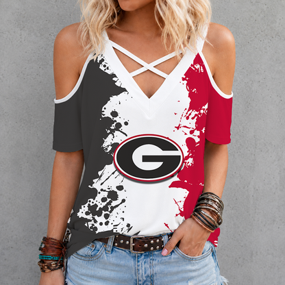 [FAN FAVORITE] NEW CUSTOMIZED NCAA FBS06 GEB GEORGIA BULLDOGS CRISS CROSS V-NECK TOP