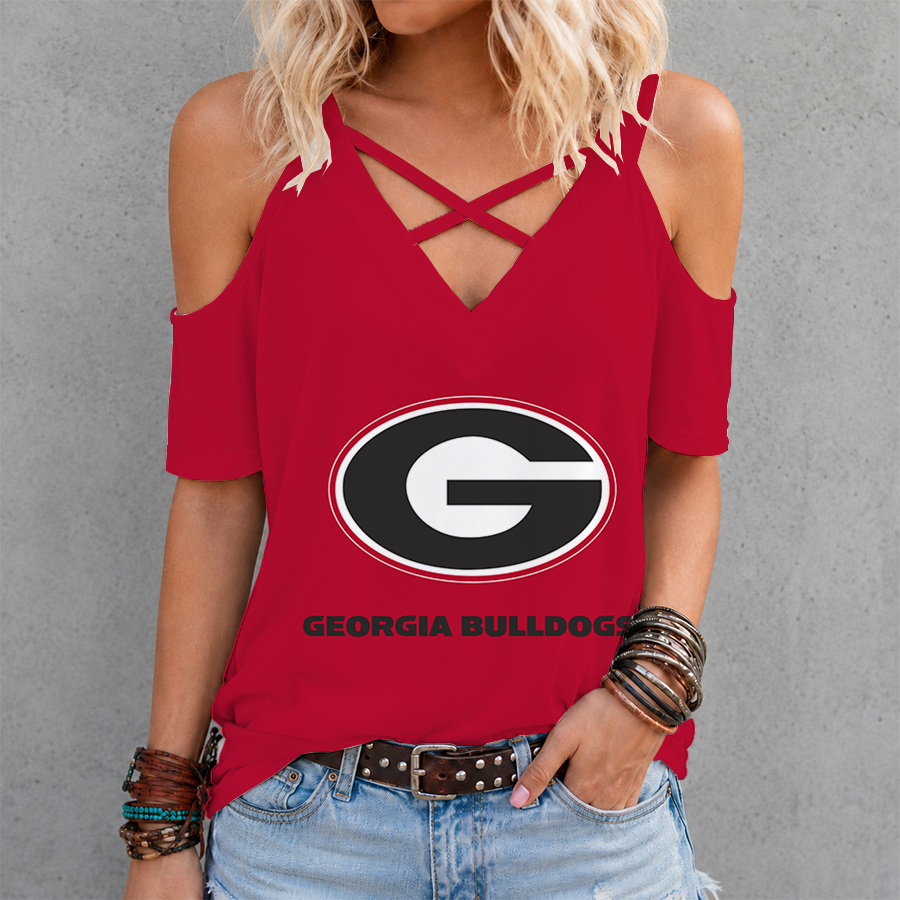 [FAN FAVORITE] NEW CUSTOMIZED NCAA FBS06 GEB GEORGIA BULLDOGS CRISS CROSS V-NECK TOP