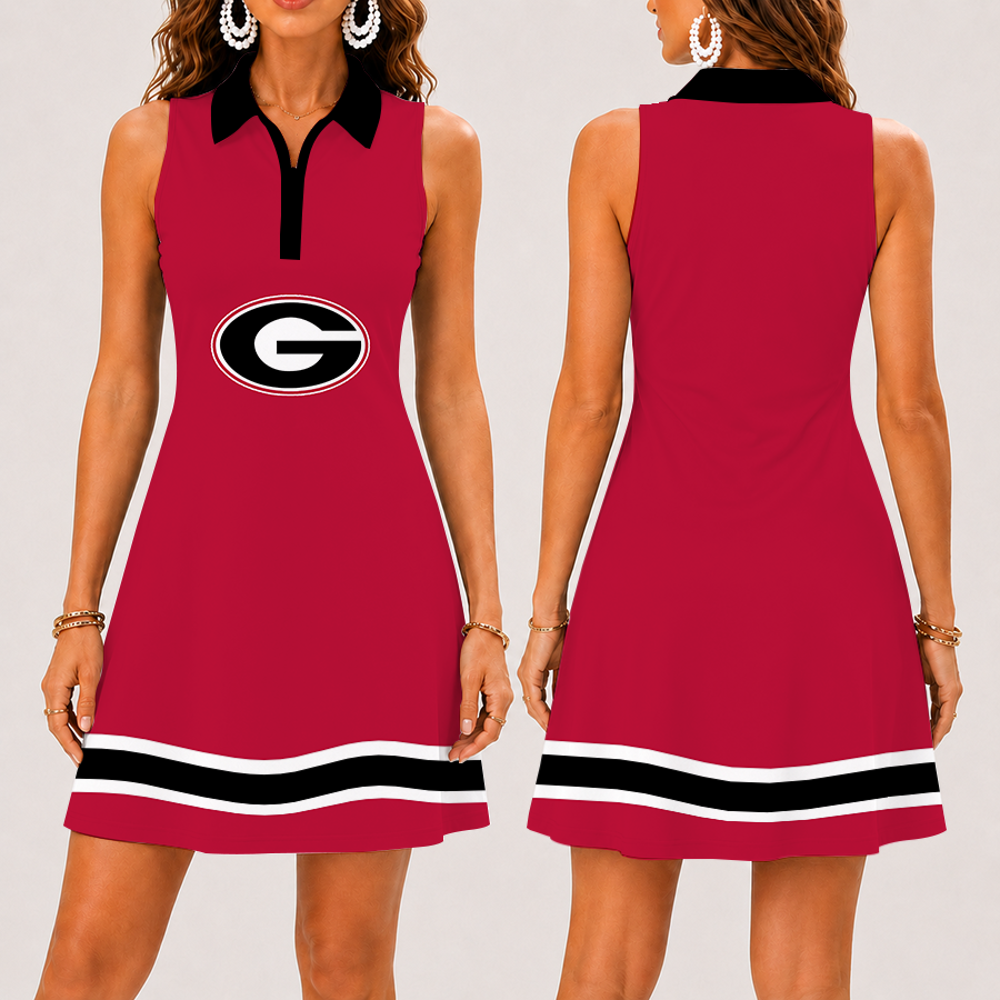 [FAN FAVORITE] NEW CUSTOMIZED NCAA FBS06 GEB GEORGIA BULLDOGS WOMEN'S ZIP SLEEVELESS POLO DRESS