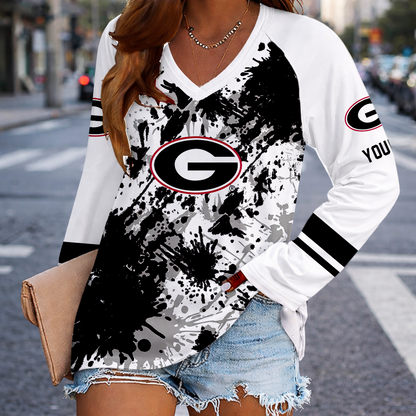 [FAN FAVORITE] NEW CUSTOMIZED NCAA FBS06 GEB GEORGIA BULLDOGS WOMEN'S V-NECK LONG SLEEVED SHIRT