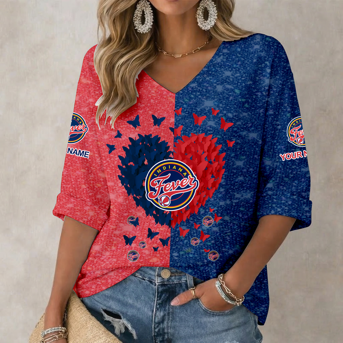 LIMITED EDITION - NEW CUSTOMIZED WNBA06 IDF IN FEVER  WOMEN'S HEART V-NECK LONG SLEEVE SHIRT