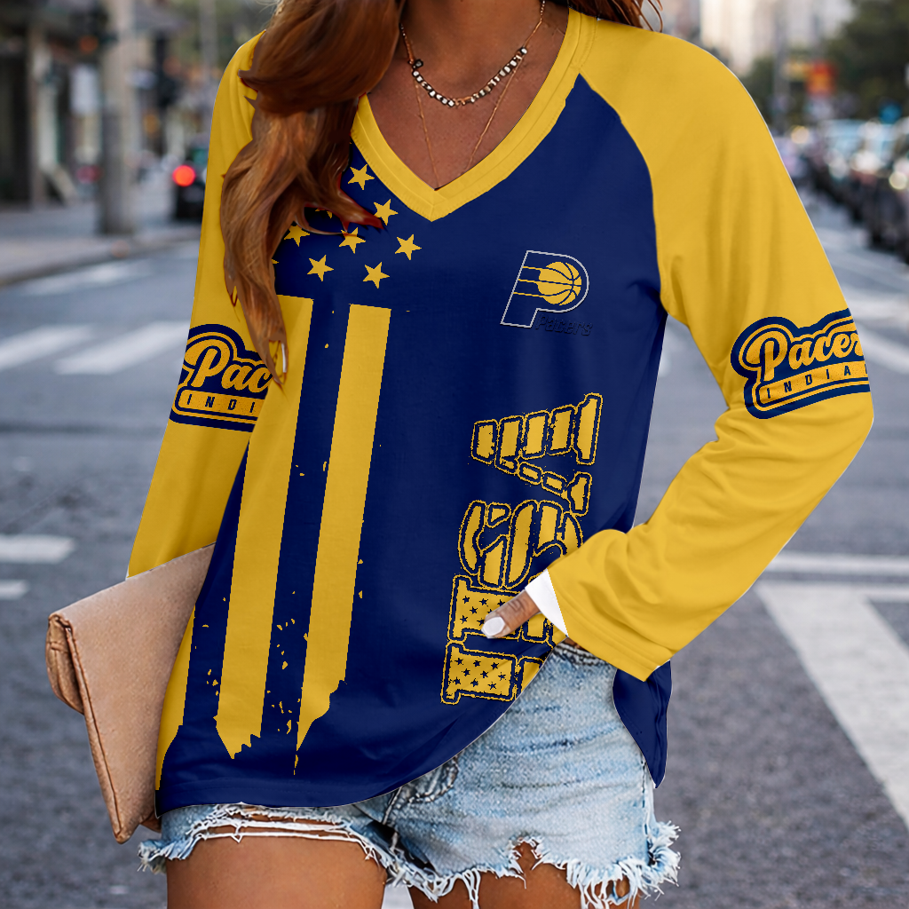 LIMITED EDITION - NEW CUSTOMIZED NBA06 IPA INDIANA PACERS WOMEN'S V-NECK LONG SLEEVED SHIRT