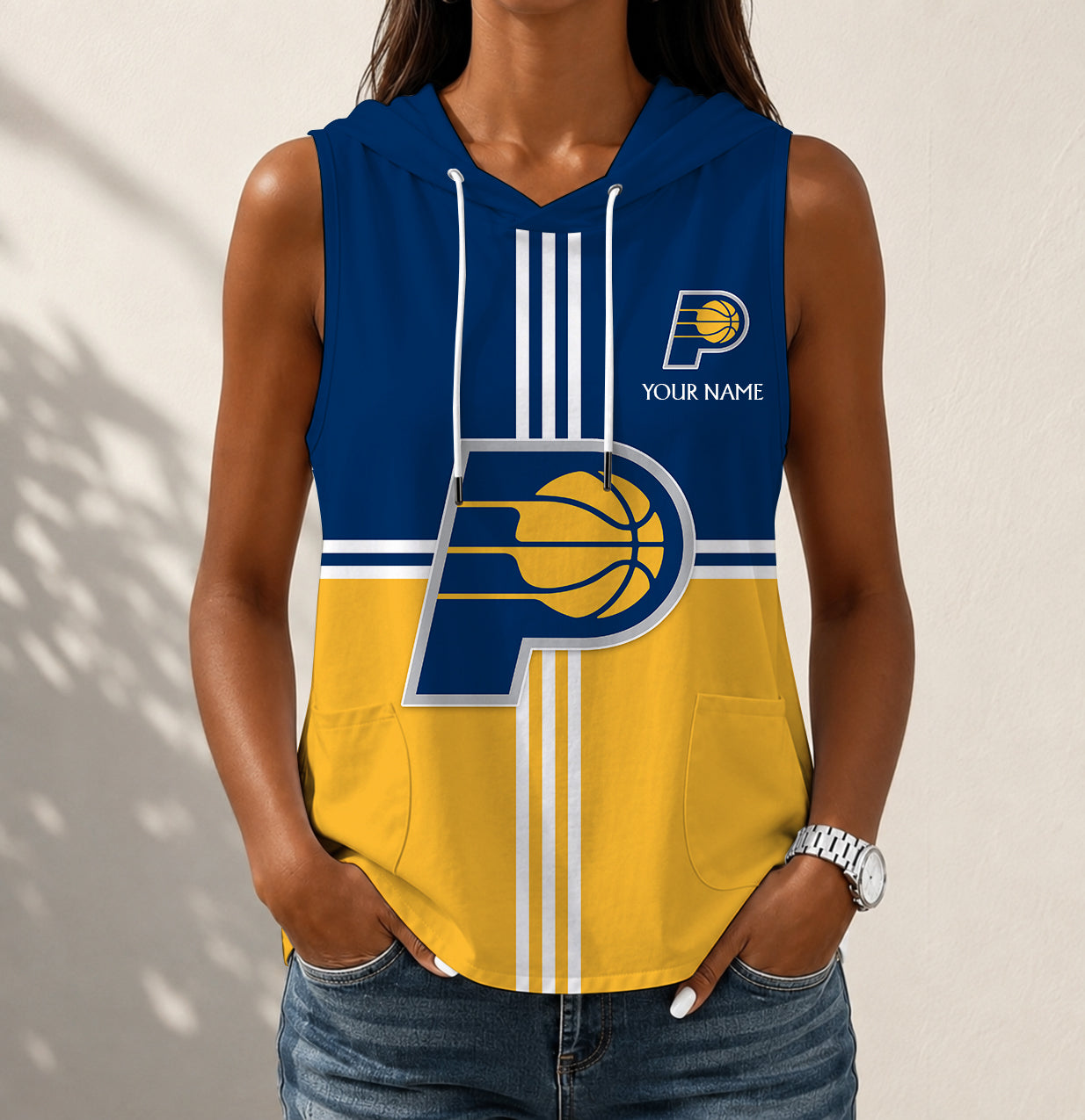 LIMITED EDITION - NEW CUSTOMIZED NBA06 IPA INDIANA PACERS WOMEN'S SLEEVELESS HOODED POCKET TANK TOP