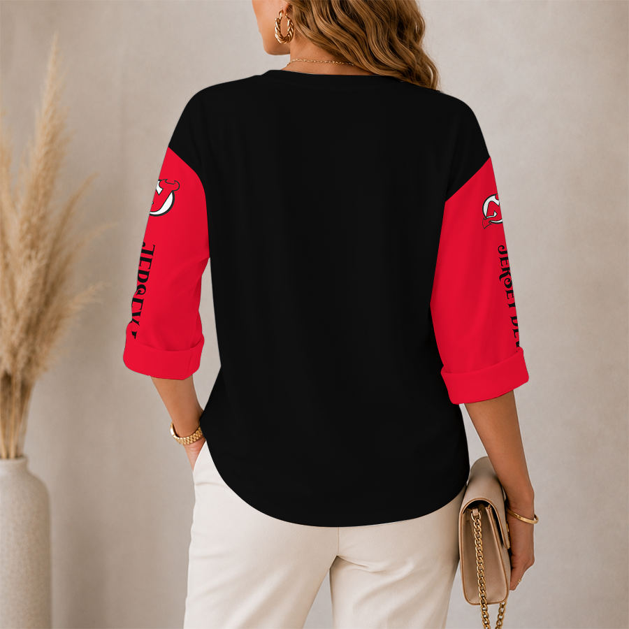 [SUPER SALE] NEW CUSTOMIZED NHL06 NJD NEW JERSEY DEVILS WOMEN'S HEART V-NECK LONG SLEEVE SHIRT