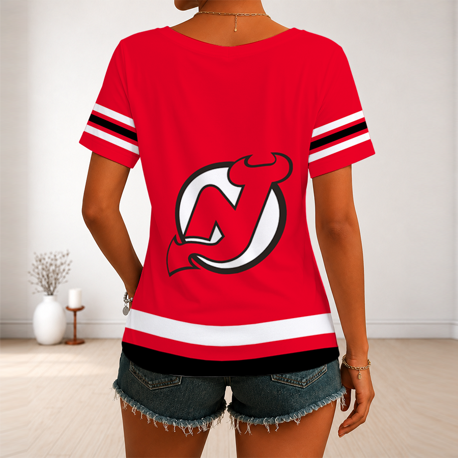 [SUPER SALE] NEW CUSTOMIZED NHL06 NJD NEW JERSEY DEVILS V-NECK FEMALE SHIRT