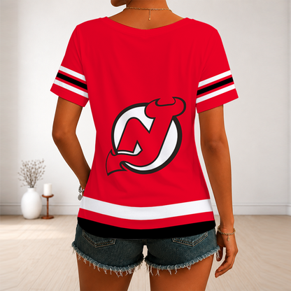[SUPER SALE] NEW CUSTOMIZED NHL06 NJD NEW JERSEY DEVILS V-NECK FEMALE SHIRT