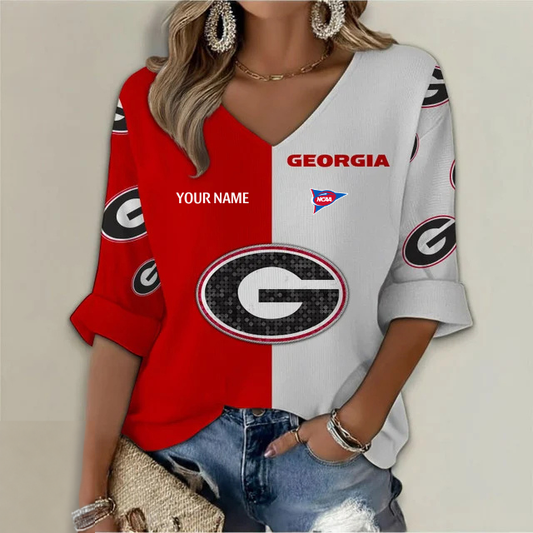 ELITE EDITION - NEW CUSTOMIZED NCAA FBS06 GEB GEORGIA BULLDOGS WOMEN'S HEART V-NECK LONG SLEEVE SHIRT