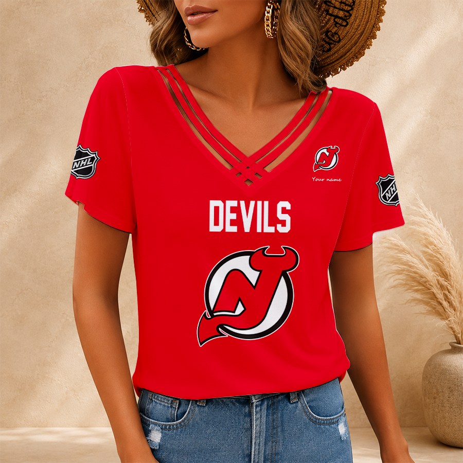 [SUPER SALE] NEW CUSTOMIZED NHL06 NJD NEW JERSEY DEVILS V-NECK SHIRT