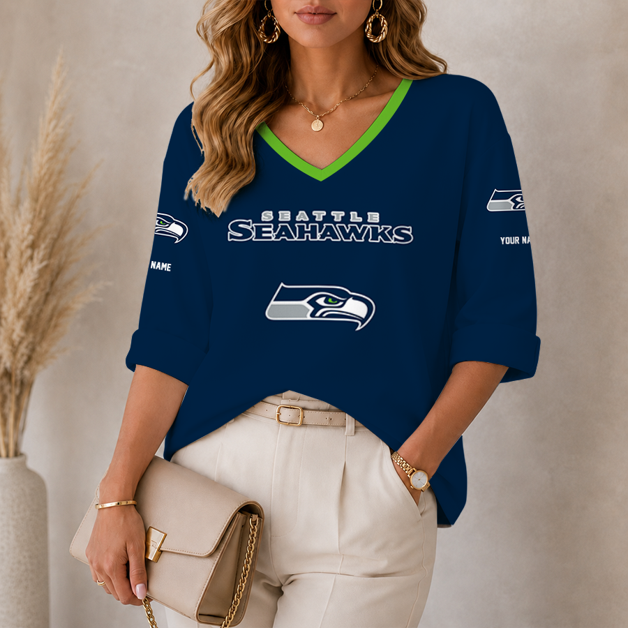 [SPECIAL OFFER] NEW CUSTOMIZED NFL06 SSH SEATTLE SEAHAWKS WOMEN'S HEART V-NECK LONG SLEEVE SHIRT