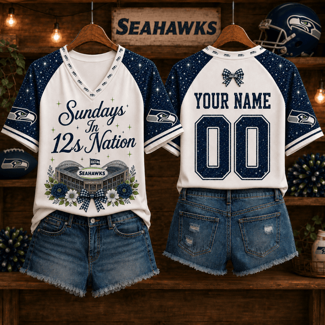 EXCLUSIVE EDITION - NEW CUSTOMIZED NFL06 SSH SEATLLE SEAHAWKS V-NECK FEMALE SHIRT