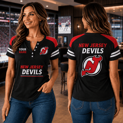 SPECIAL EDITION - NEW CUSTOMIZED NHL06 NJD NEW JERSEY DEVILS WOMEN'S SHORT SLEEVE HENLEY T-SHIRT