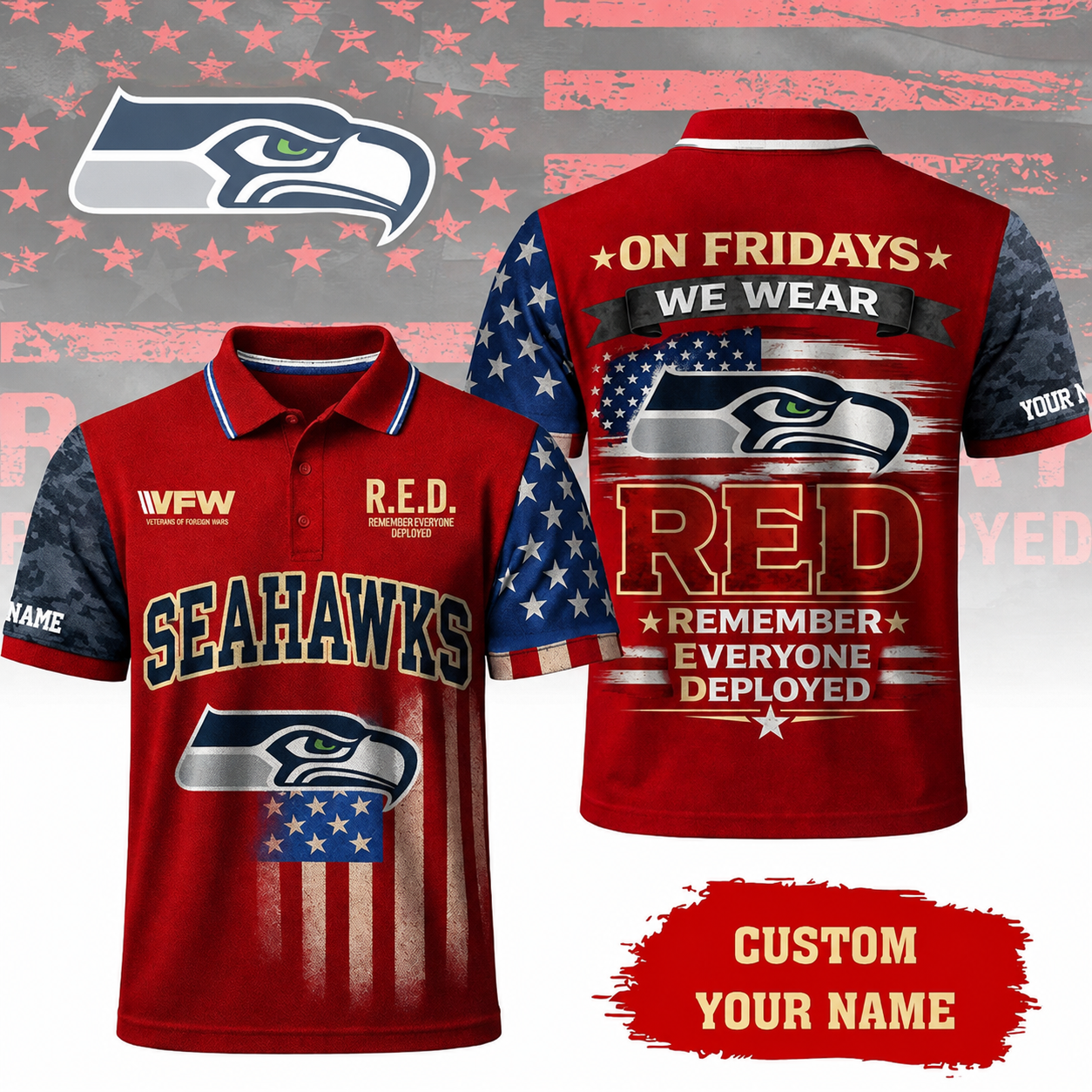 VIRAL EDITON - NEW CUSTOMIZED NFL06 SSH SEATTLE SEAHAWKS INDEPENDENCE DAY POLO SHIRT, ZIP POLO SHIRT & T-SHIRTS
