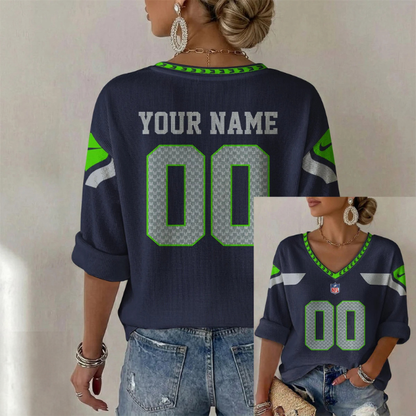ELITE EDITION - NEW CUSTOMIZED NFL06 SSH SEATTLE SEAHAWKS WOMEN'S HEART V-NECK LONG SLEEVE SHIRT