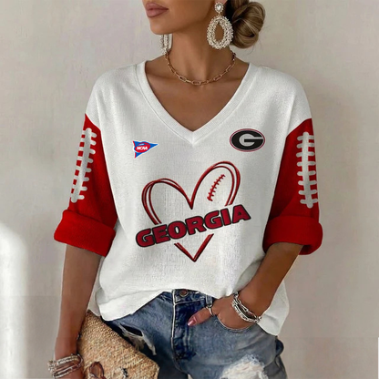 ELITE EDITION - NEW CUSTOMIZED NCAA FBS06 GEB GEORGIA BULLDOGS WOMEN'S HEART V-NECK LONG SLEEVE SHIRT