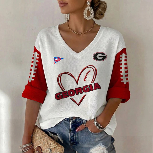 ELITE EDITION - NEW CUSTOMIZED NCAA FBS06 GEB GEORGIA BULLDOGS WOMEN'S HEART V-NECK LONG SLEEVE SHIRT