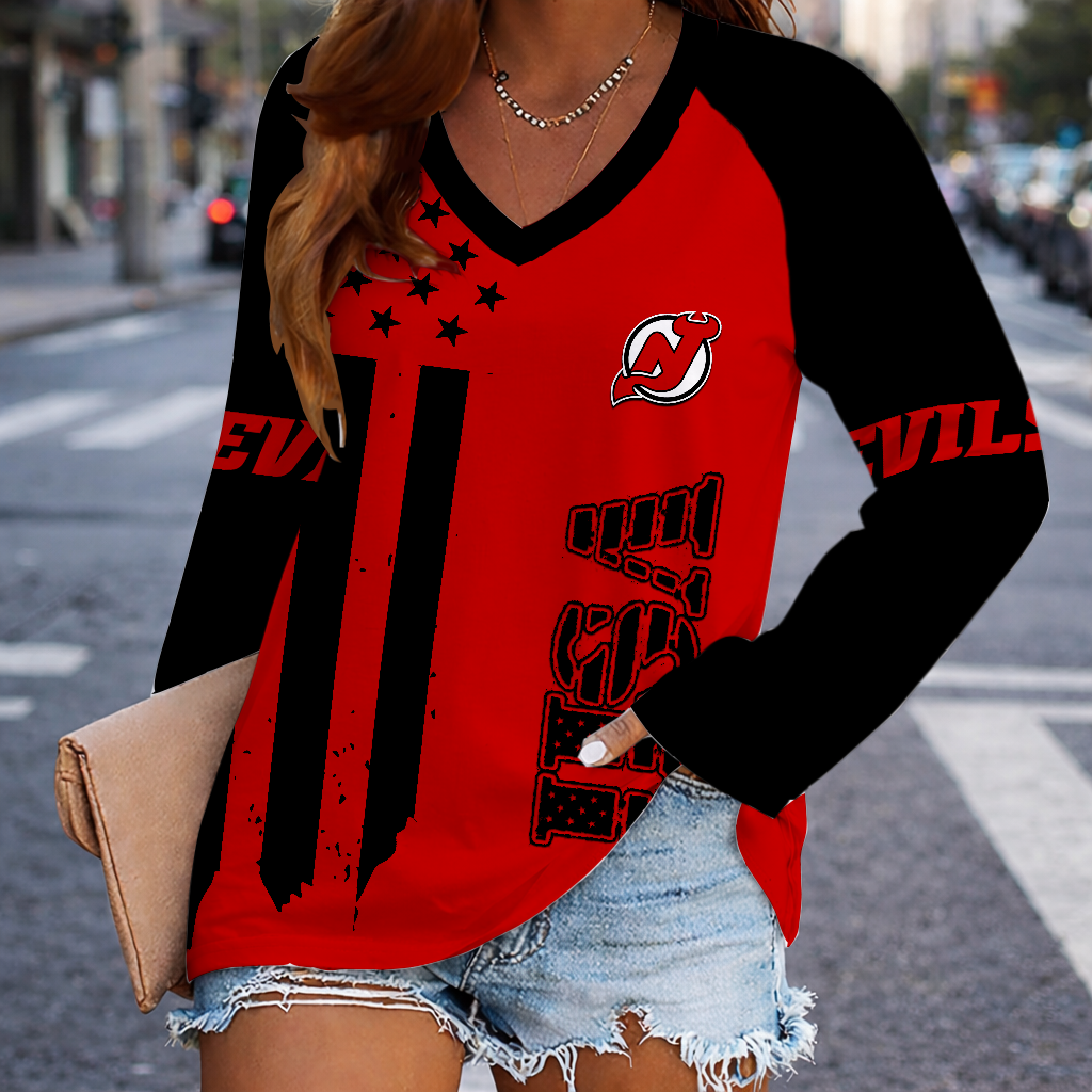 LIMITED EDITION - NEW CUSTOMIZED NHL06 NJD NEW JERSEY DEVILS WOMEN'S V-NECK LONG SLEEVED SHIRT