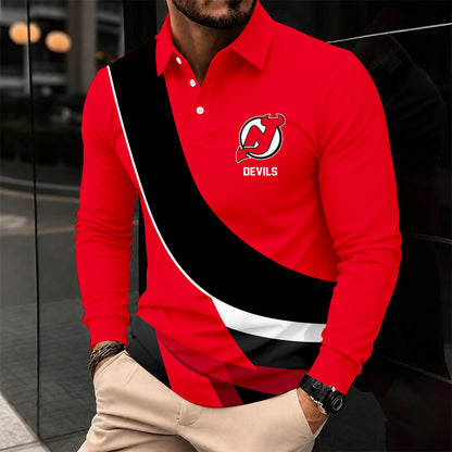[SUPER SALE] NEW CUSTOMIZED NHL06 NJD NEW JERSEY DEVILS MEN LONG SLEEVE POLO