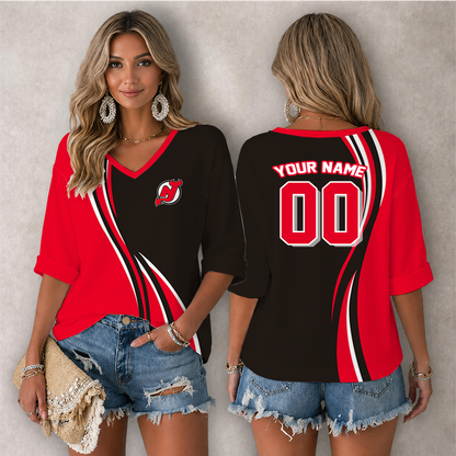 LIMITED EDITION - NEW CUSTOMIZED NHL06 NJD NEW JERSEY DEVILS WOMEN'S HEART V-NECK LONG SLEEVE SHIRT