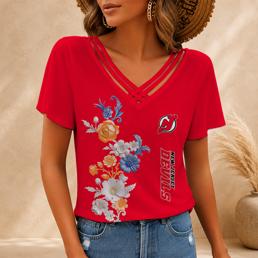 [SUPER SALE] NEW CUSTOMIZED NHL06 NJD NEW JERSEY DEVILS V-NECK SHIRT