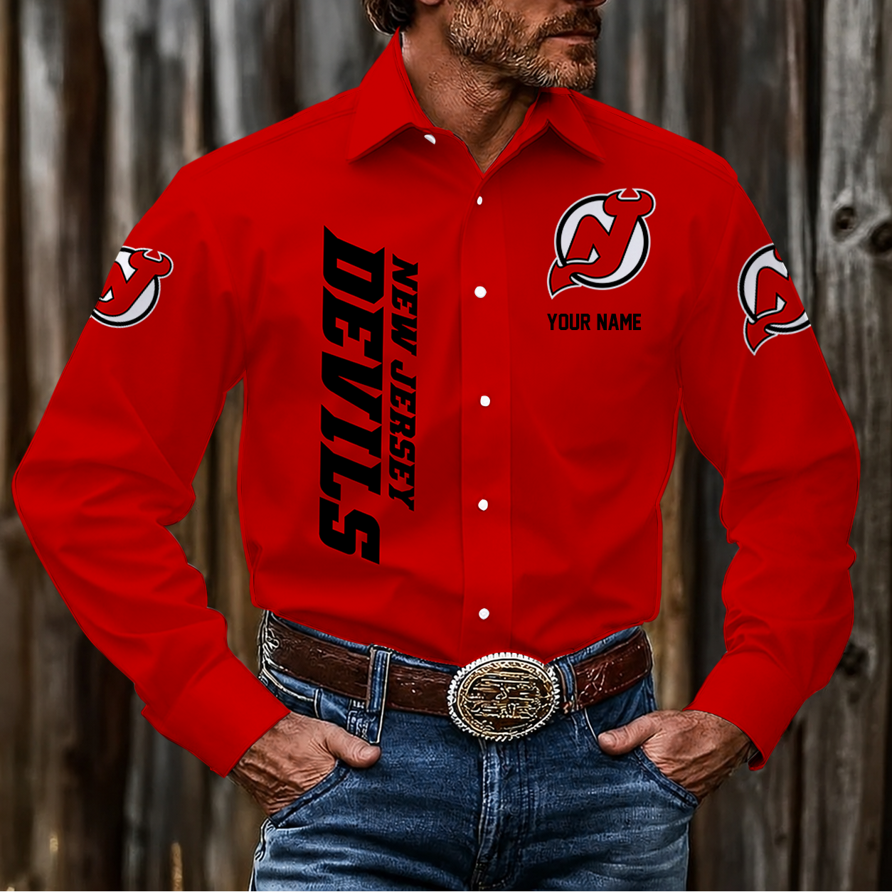 LIMITED EDITION - NEW CUSTOMIZED NHL06 NJD NEW JERSEY DEVILS MEN'S LONG SLEEVE BUTTON-UP SHIRT