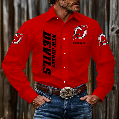 LIMITED EDITION - NEW CUSTOMIZED NHL06 NJD NEW JERSEY DEVILS MEN'S LONG SLEEVE BUTTON-UP SHIRT