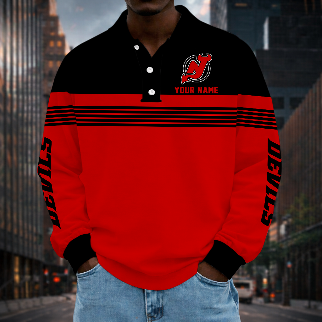 SPECIAL EDITION - NEW CUSTOMIZED NHL06 NJD NEW JERSEY DEVILS MEN LONG SLEEVE POLO