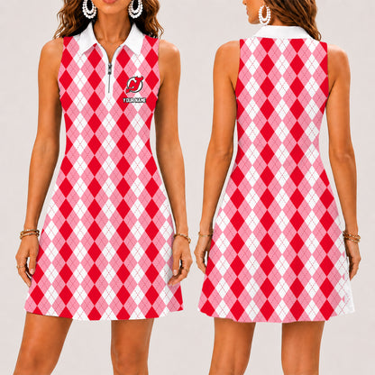 [SUPER SALE] NEW CUSTOMIZED NHL06 NJD NEW JERSEY DEVILS WOMEN'S ZIP SLEEVELESS POLO DRESS