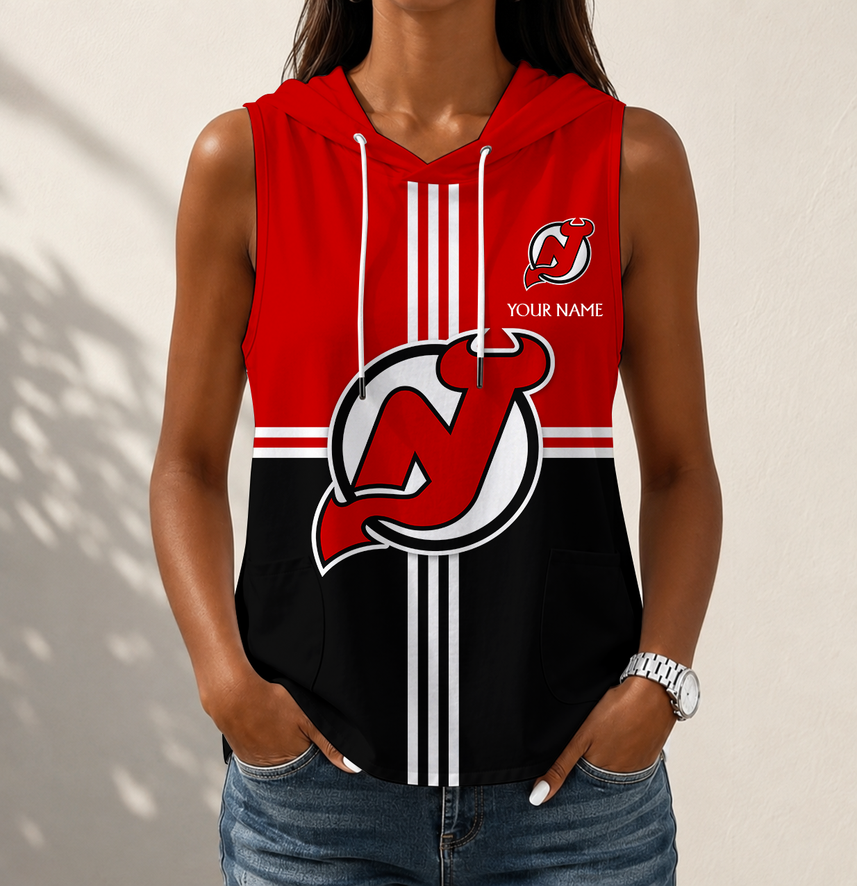 VIRAL EDITION - NEW CUSTOMIZED NHL06 NJD NEW JERSEY DEVILS WOMEN'S SLEEVELESS HOODED POCKET TANK TOP
