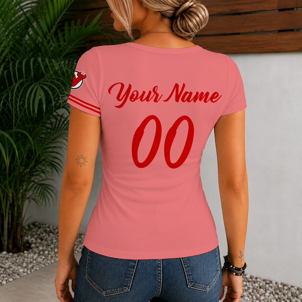 [SUPER SALE] NEW CUSTOMIZED NHL06 NJD NEW JERSEY DEVILS WOMEN'S SHORT SLEEVE HENLEY T-SHIRT
