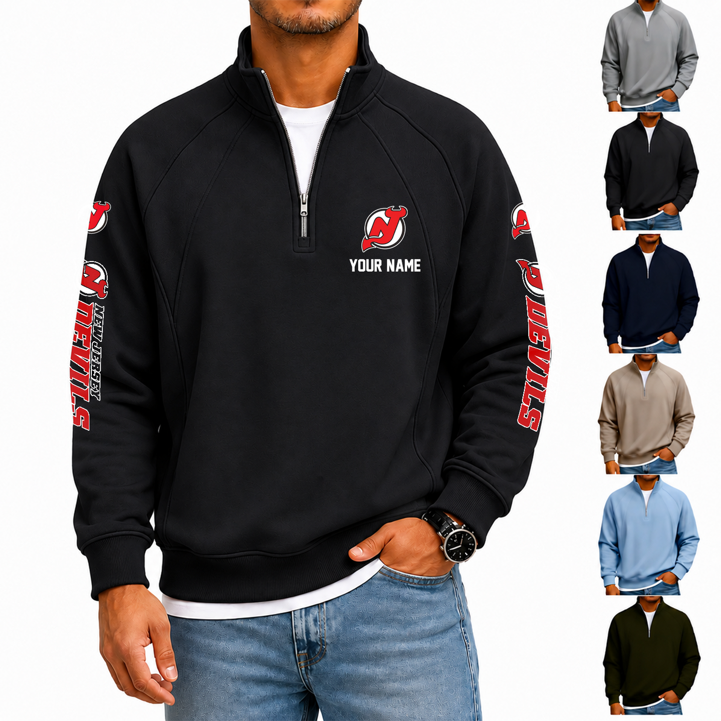 [SUPER SALE] NEW CUSTOMIZED NHL06 NJD NEW JERSEY DEVILS MEN'S QUARTER ZIP PULLOVER