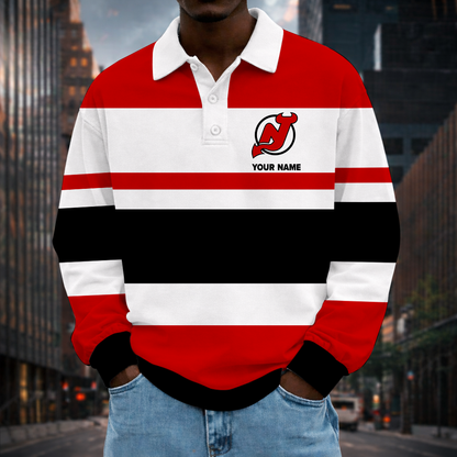LIMITED EDITION - NEW CUSTOMIZED NHL06 NJD NEW JERSEY DEVILS MEN LONG SLEEVE POLO