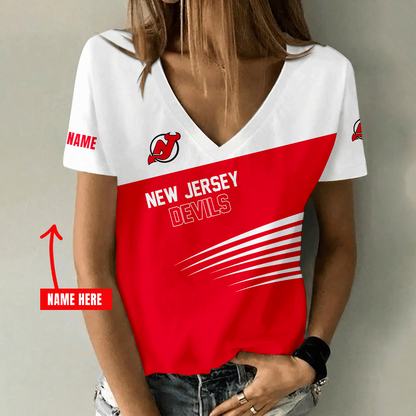 [SUPER SALE] NEW CUSTOMIZED NHL06 NJD NEW JERSEY DEVILS V-NECK FEMALE SHIRT