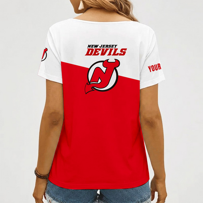 [SUPER SALE] NEW CUSTOMIZED NHL06 NJD NEW JERSEY DEVILS V-NECK FEMALE SHIRT
