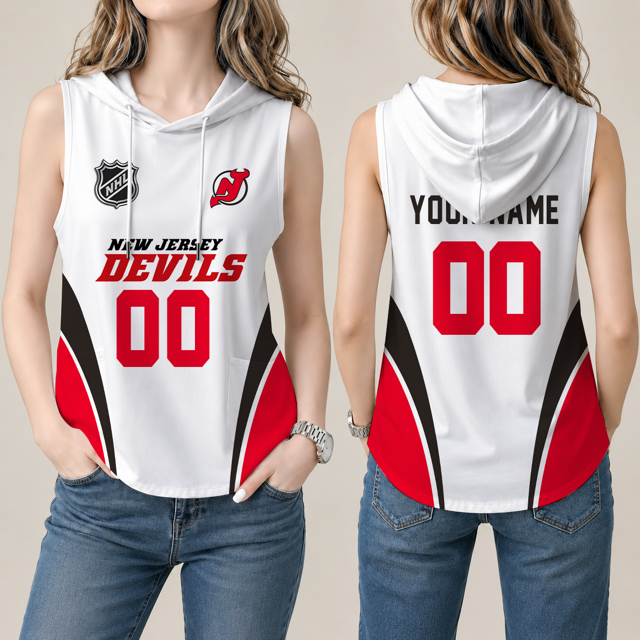 [SUPER SALE] NEW CUSTOMIZED NHL06 NJD NEW JERSEY DEVILS WOMEN'S SLEEVELESS HOODED POCKET TANK TOP
