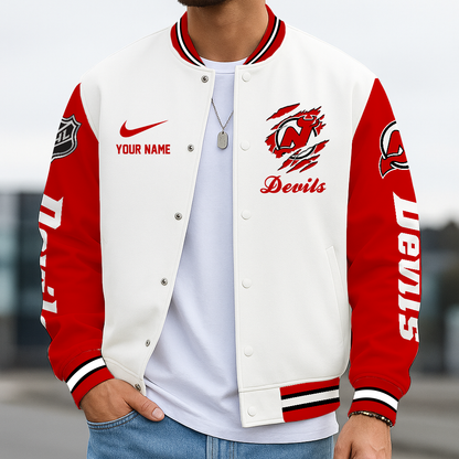 LIMITED EDITION - NEW CUSTOMIZED NHL06 NJD NEW JERSEY DEVILS BASEBALL JACKET, SATIN VARSITY JACKET