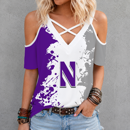 [FAN FAVORITE] NEW CUSTOMIZED NCAA CFH06 NOW NORTHWESTERN WILDCATS CRISS CROSS V-NECK TOP