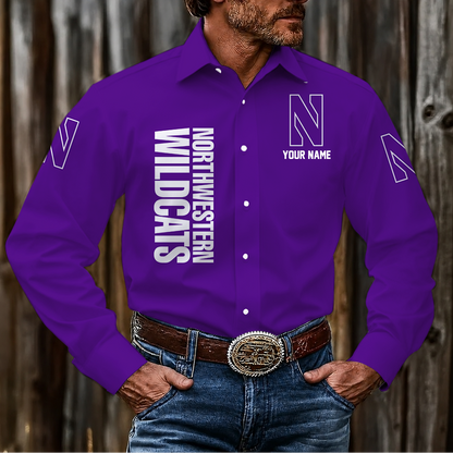 EXCLUSIVE EDITION - NEW CUSTOMIZED NCAA CFH06 NOW NORTHWESTERN WILDCATS MEN'S LONG SLEEVE BUTTON-UP SHIRT