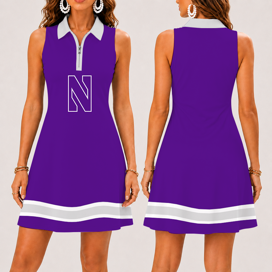 [FAN FAVORITE] NEW CUSTOMIZED NCAA CFH06 NOW NORTHWESTERN WILDCATS WOMEN'S ZIP SLEEVELESS POLO DRESS