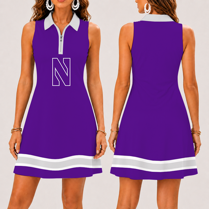 [FAN FAVORITE] NEW CUSTOMIZED NCAA CFH06 NOW NORTHWESTERN WILDCATS WOMEN'S ZIP SLEEVELESS POLO DRESS
