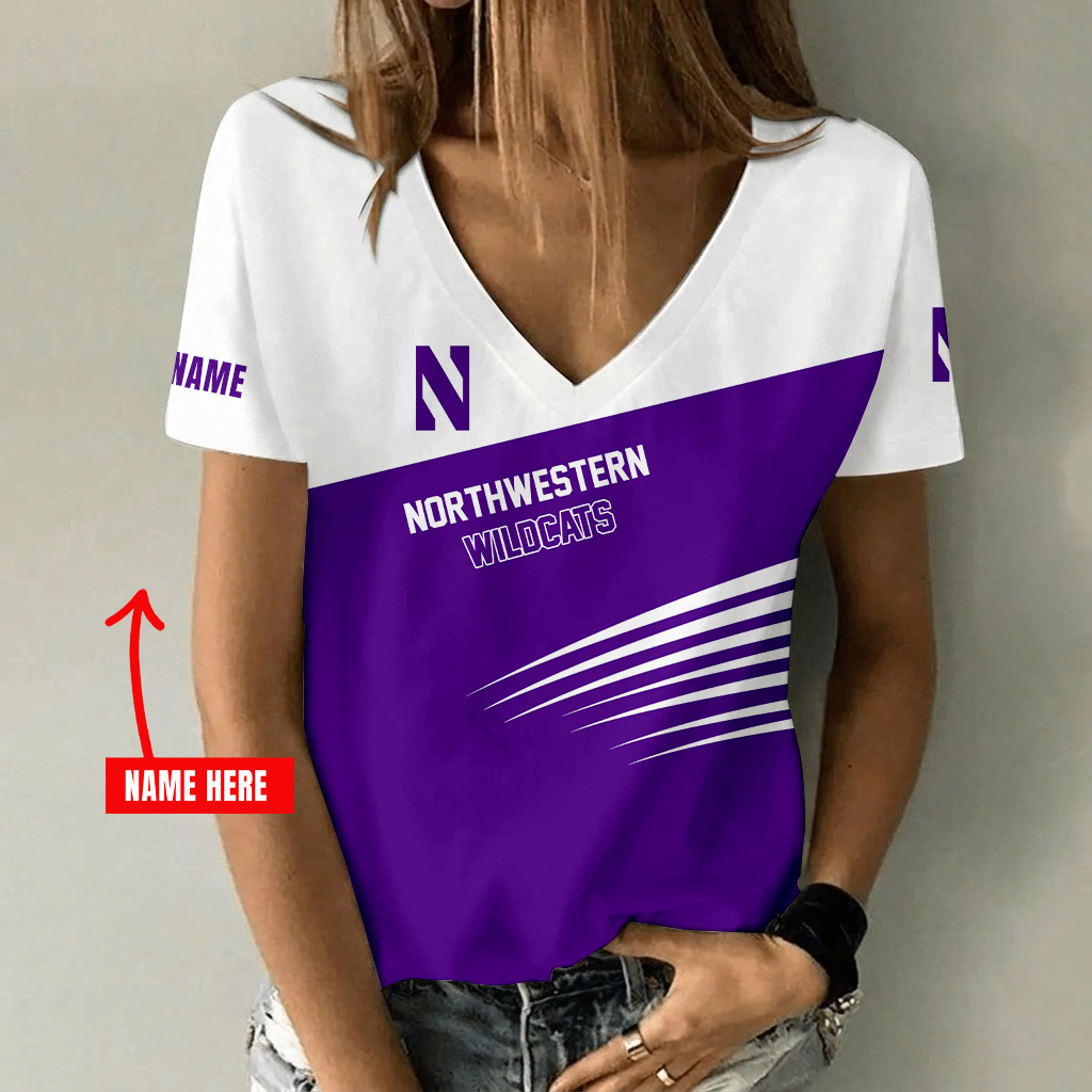 [FAN FAVORITE] NEW CUSTOMIZED NCAA CFH06 NOW NORTHWESTERN WILDCATS V-NECK FEMALE SHIRT