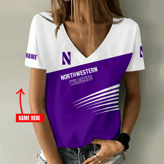 [FAN FAVORITE] NEW CUSTOMIZED NCAA CFH06 NOW NORTHWESTERN WILDCATS V-NECK FEMALE SHIRT