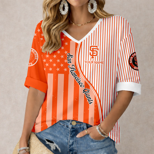 ELITE EDITION - NEW CUSTOMIZED MLB06 SFG SAN FRANCISCO GIANTS WOMEN'S HEART V-NECK LONG SLEEVE SHIRT