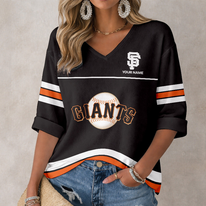 LIMITED EDITION - NEW CUSTOMIZED MLB06 SFG SAN FRANCISCO GIANTS WOMEN'S HEART V-NECK LONG SLEEVE SHIRT