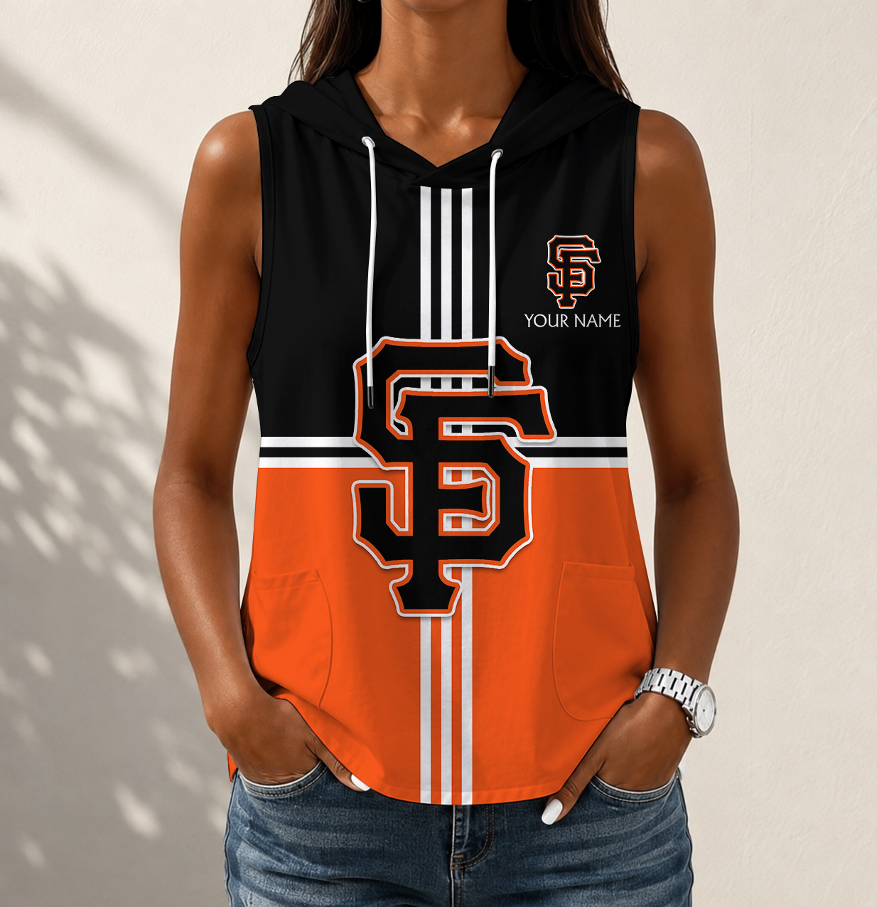 LIMITED EDITION - NEW CUSTOMIZED MLB06 SFG SAN FRANCISCO GIANTS WOMEN'S SLEEVELESS HOODED POCKET TANK TOP