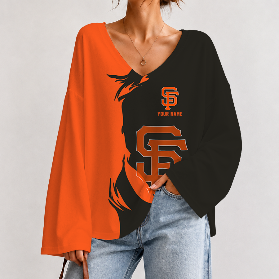 [FLASH SALE] NEW CUSTOMIZED MLB06 SFG SAN FRANCISCO GIANTS V-NECK LONG SLEEVED CROP TOP